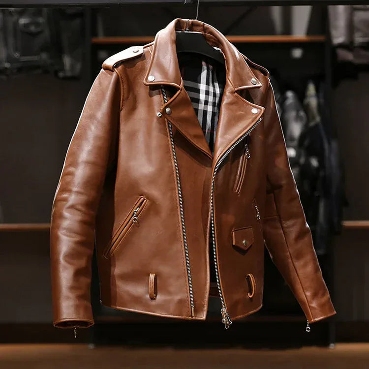 Men’s Oily Brown Waxed Cowhide Biker Jacket