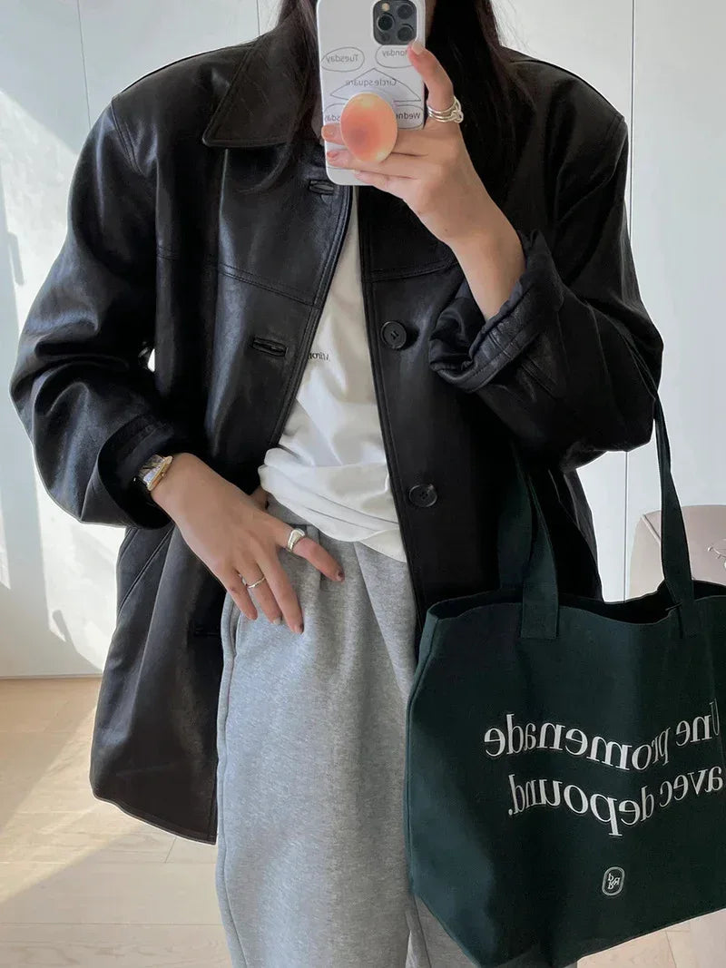 Women Genuine Leather Jacket Oversized Mid-Length Bomber Coat
