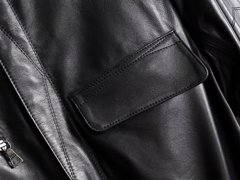 Women’s Leather Moto Trench Coat with Waist Cinch and Buckle Collar