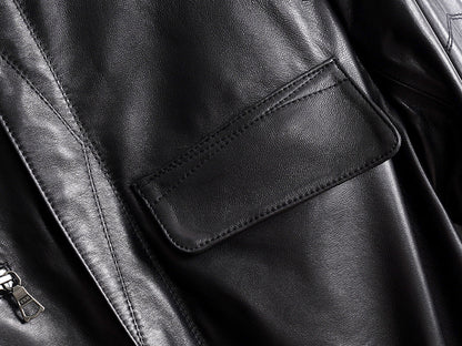 Women’s Leather Moto Trench Coat with Waist Cinch and Buckle Collar
