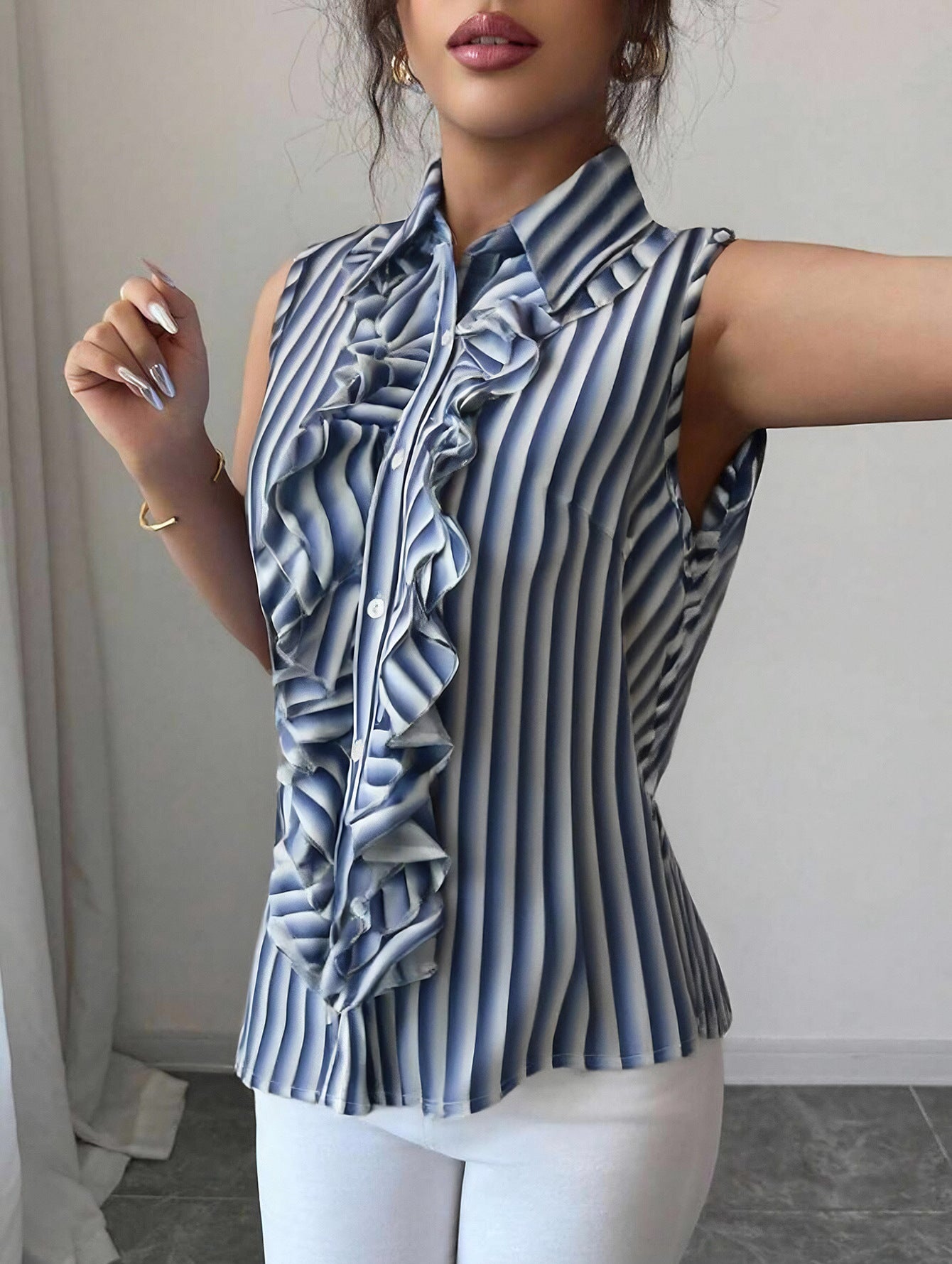 Blue white striped ruffle sleeveless shirt