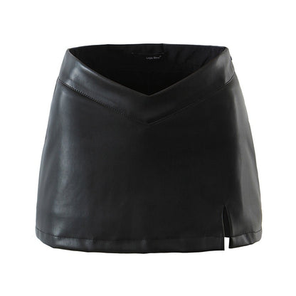 Black PU Leather Mini Skirt with Slit High Waisted