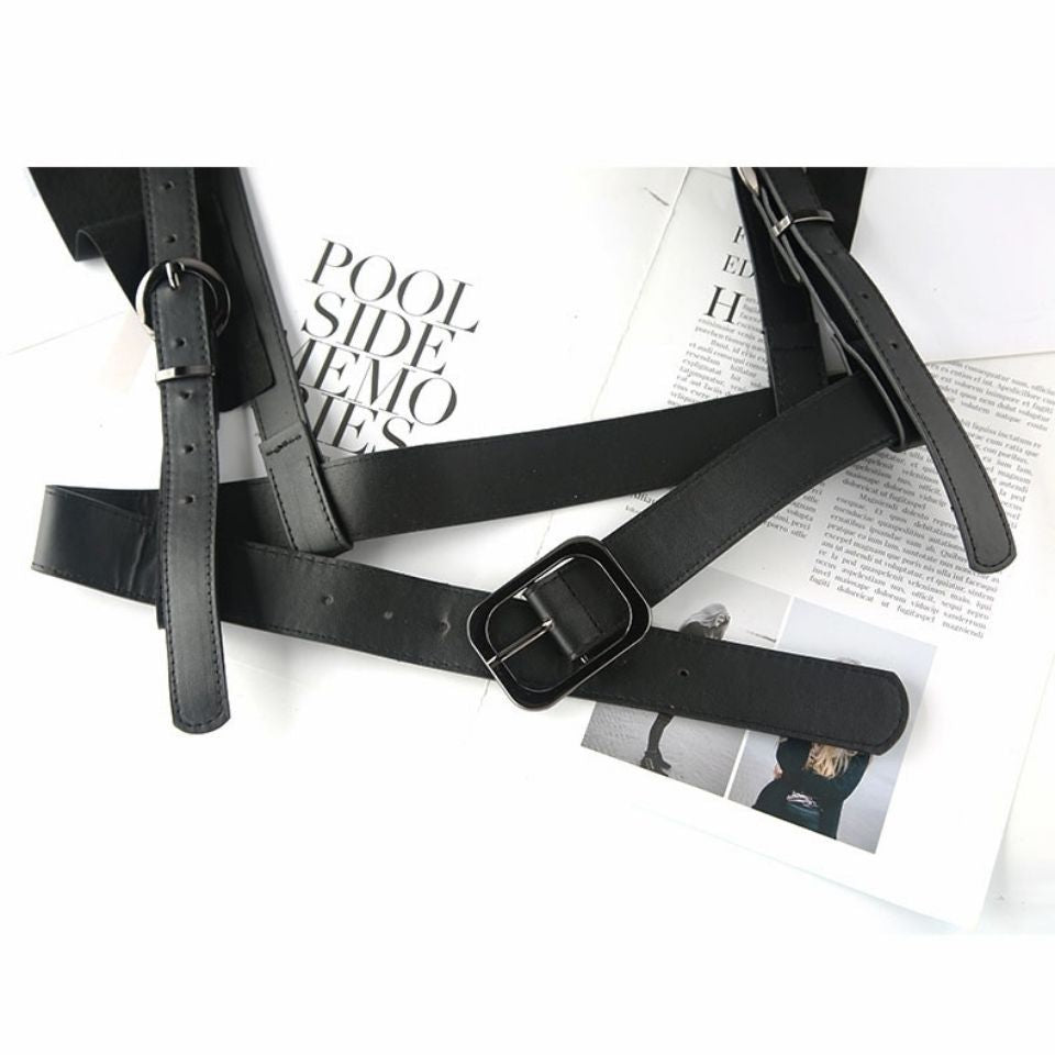 Women’s Black Faux Leather Harness Belt with Ruffled Shoulders