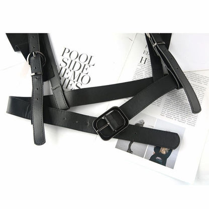 Women’s Black Faux Leather Harness Belt with Ruffled Shoulders