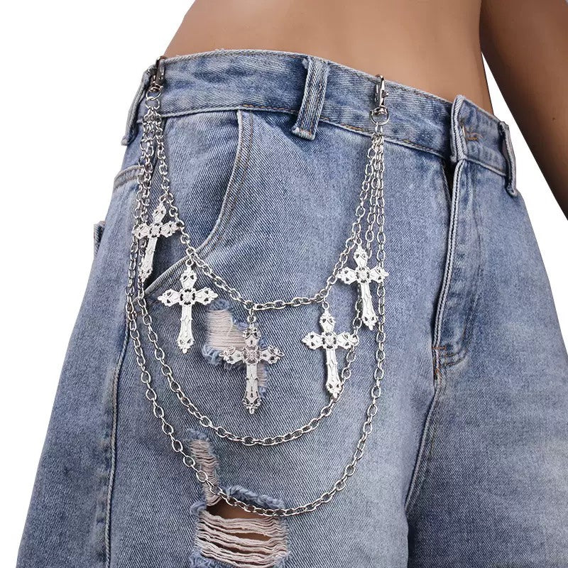 Layered Silver Cross Pants Chain with Gothic Pendants