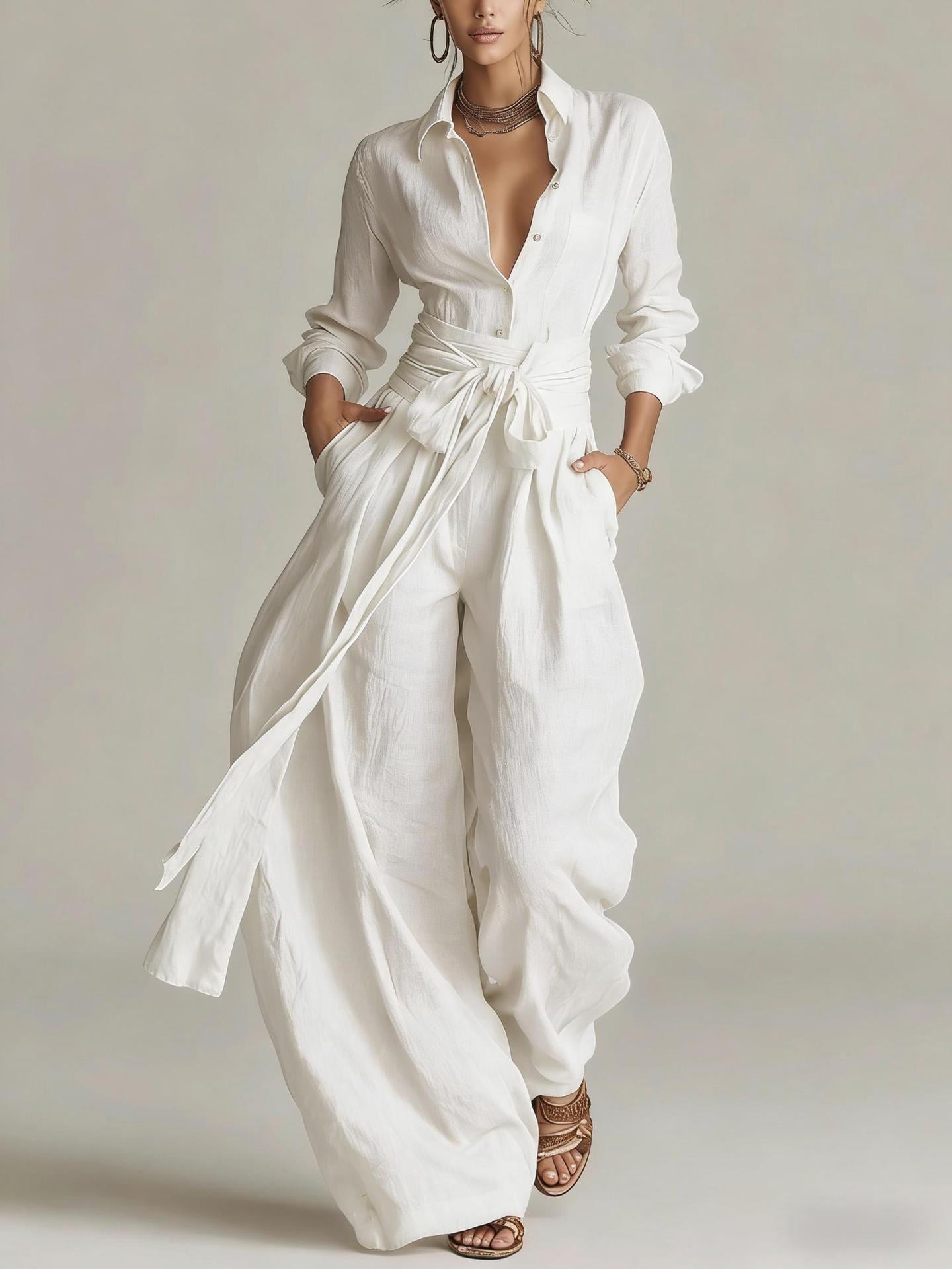 Women’s Two Piece Belted Wide Leg Pant Set