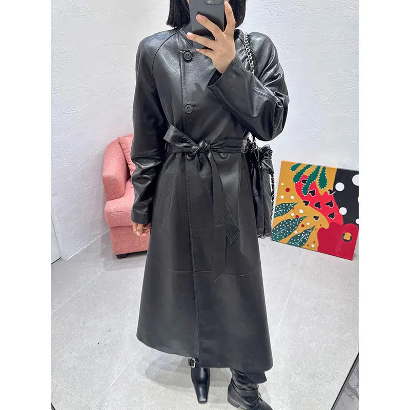 Women sheepskin leather trench coat long belt - Boho Living Room