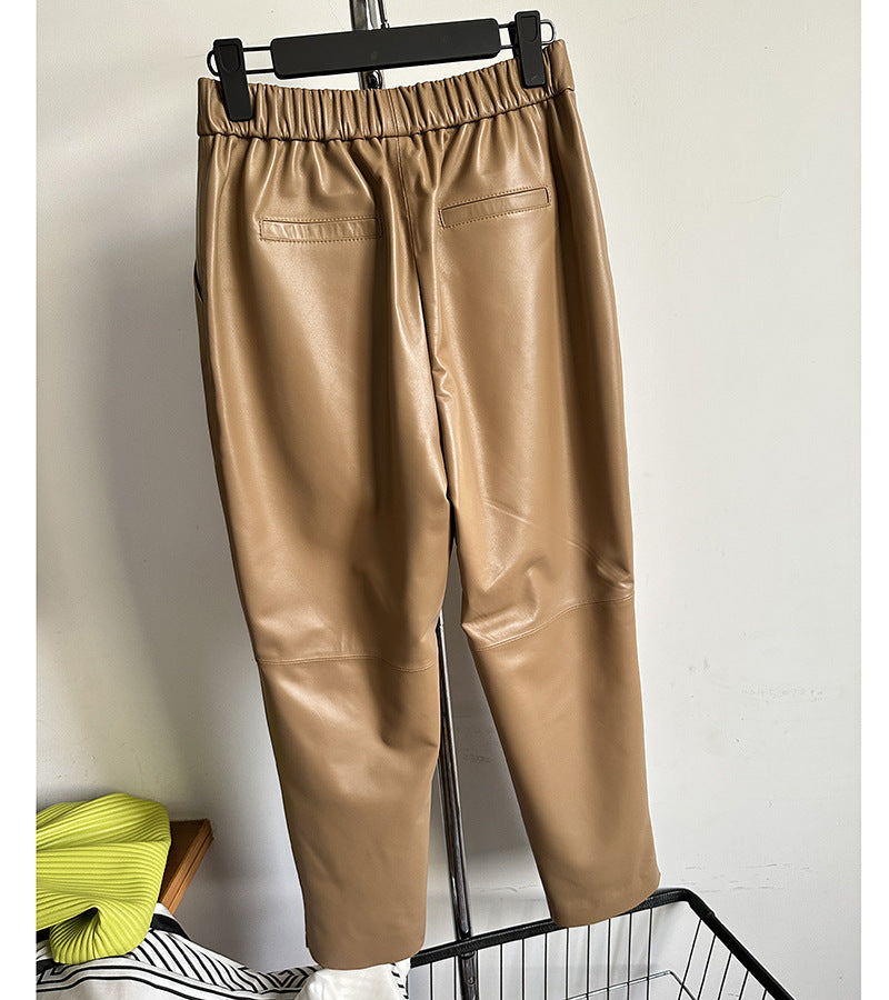 Womens genuine leather high waisted cropped pants