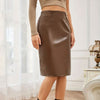Brown Faux Leather Midi Pencil Skirt for Women
