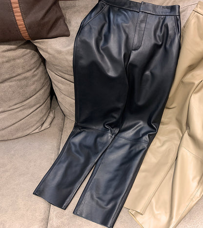 Genuine leather cropped cigarette pants