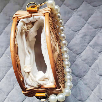 Straw Crossbody Purse Round Woven Bag with Pearl Handle