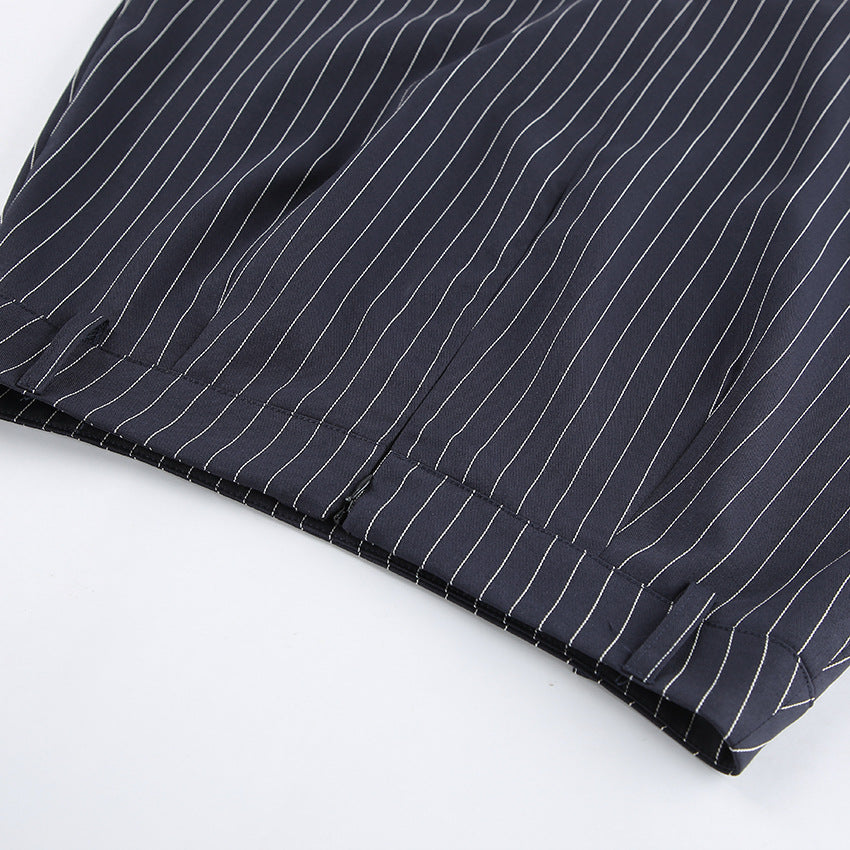 Women Navy Blue Pinstripe Blazer Skirt Set Two-Piece Outfit