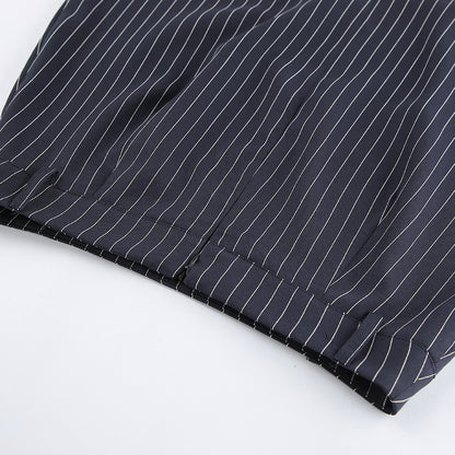 Women Navy Blue Pinstripe Blazer Skirt Set Two-Piece Outfit