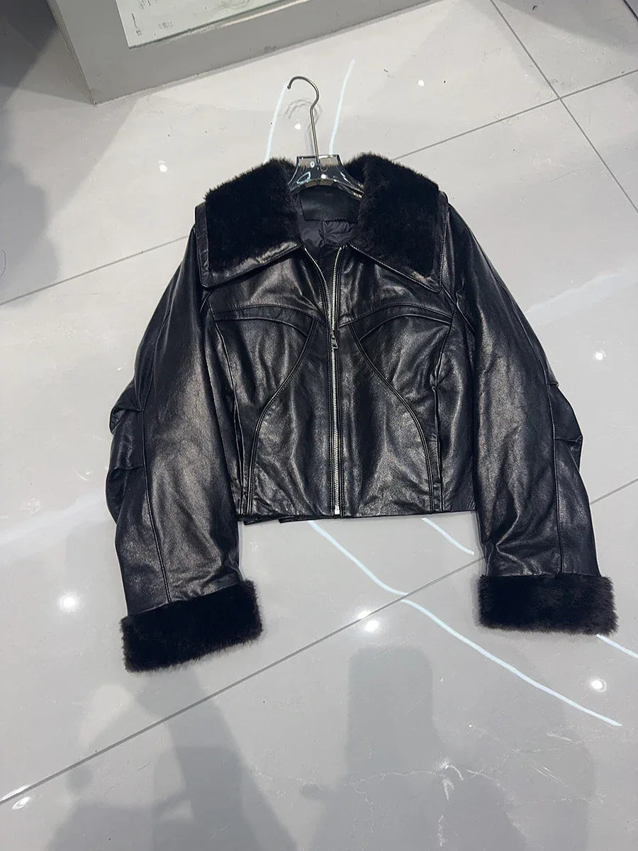 Genuine waxed sheepskin leather jacket with fur