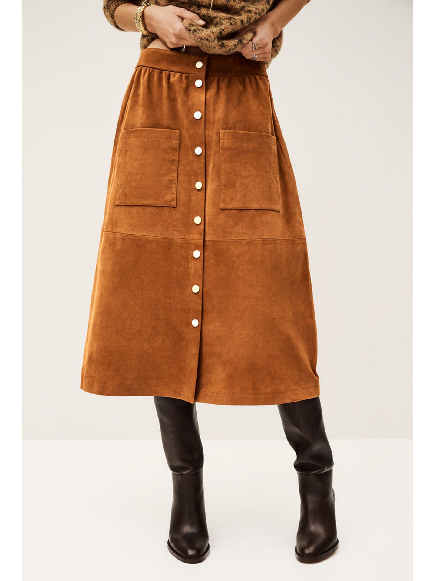 Corduroy Midi Skirt High Waist Button Front Brown A-Line
