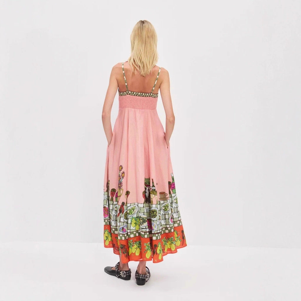 Pink linen printed suspender midi sundress