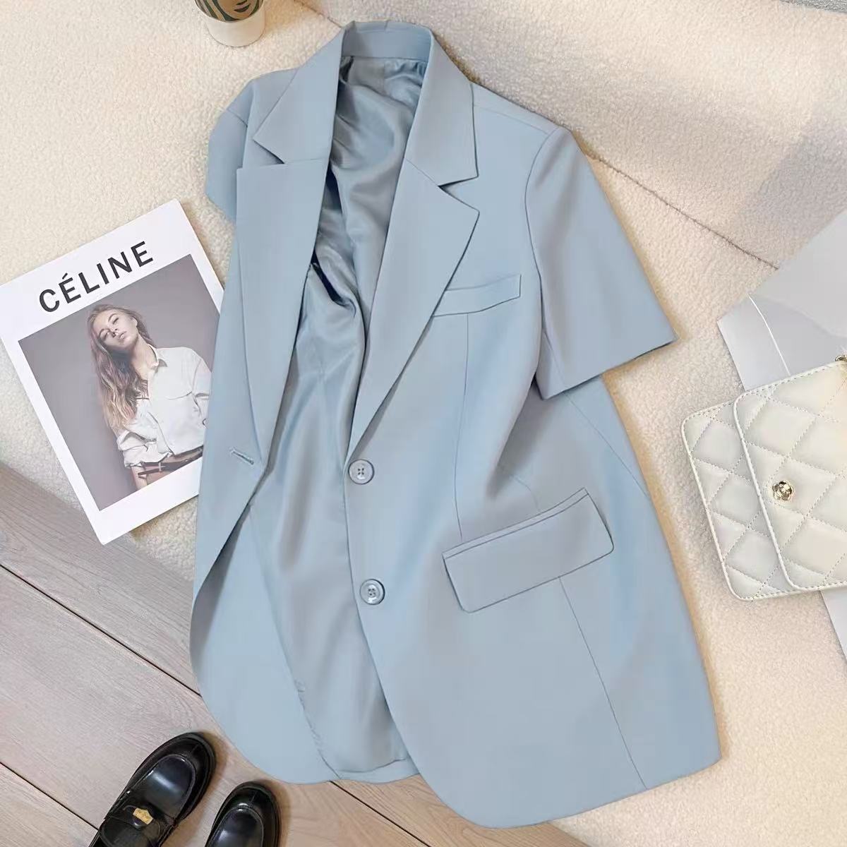 Grey short sleeve women suit blazer jacket 3 S