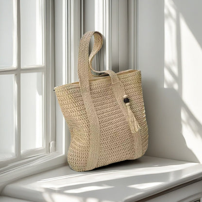 Beach Straw Tote Handbag for Women with Tassel Charm