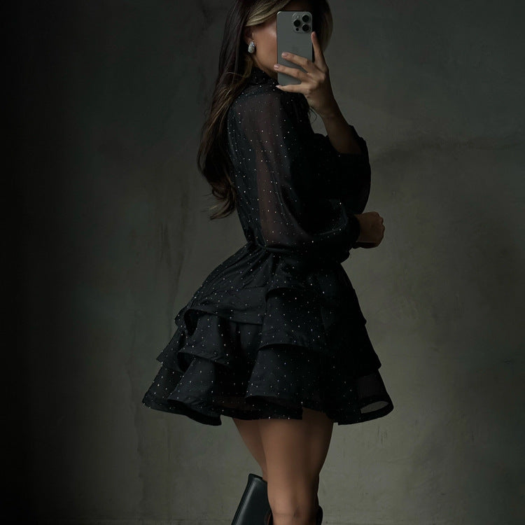 Black sheer sparkle tiered mini dress
