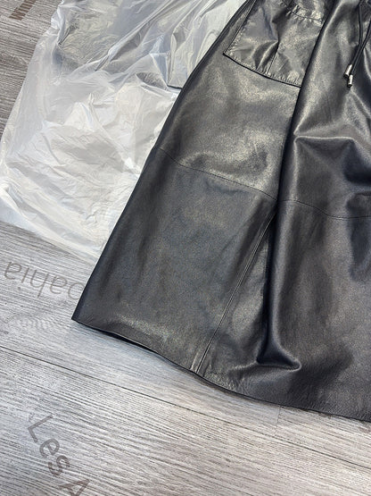 Women Leather Skirt Mid-Length with Pockets & Elastic Waist