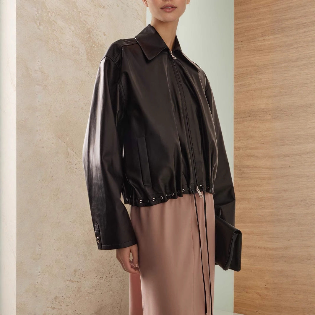 Black Glossy Faux Leather Cropped Jacket with Drawstring Hem for Women