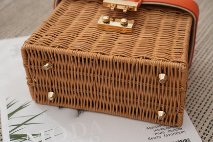 Woven Summer Handbag with Leather Handle & Lock