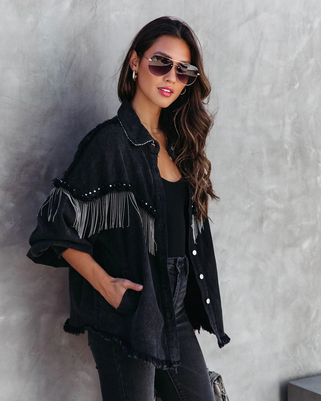 Women Denim Jacket with Chain Rivet Fringe