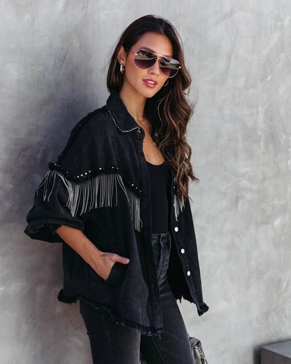 Women Denim Jacket with Chain Rivet Fringe