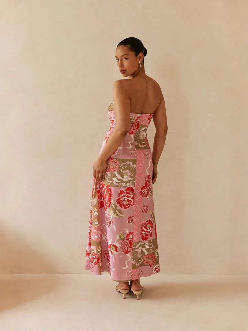 Pink floral strapless linen maxi dress