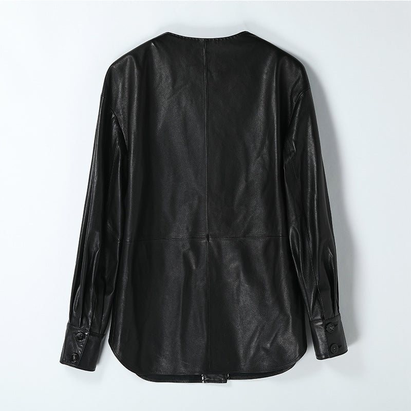 Women’n Leather Jacket Black V-Neck Wide Fit Mid-Length