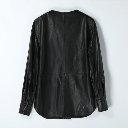 Women’n Leather Jacket Black V-Neck Wide Fit Mid-Length