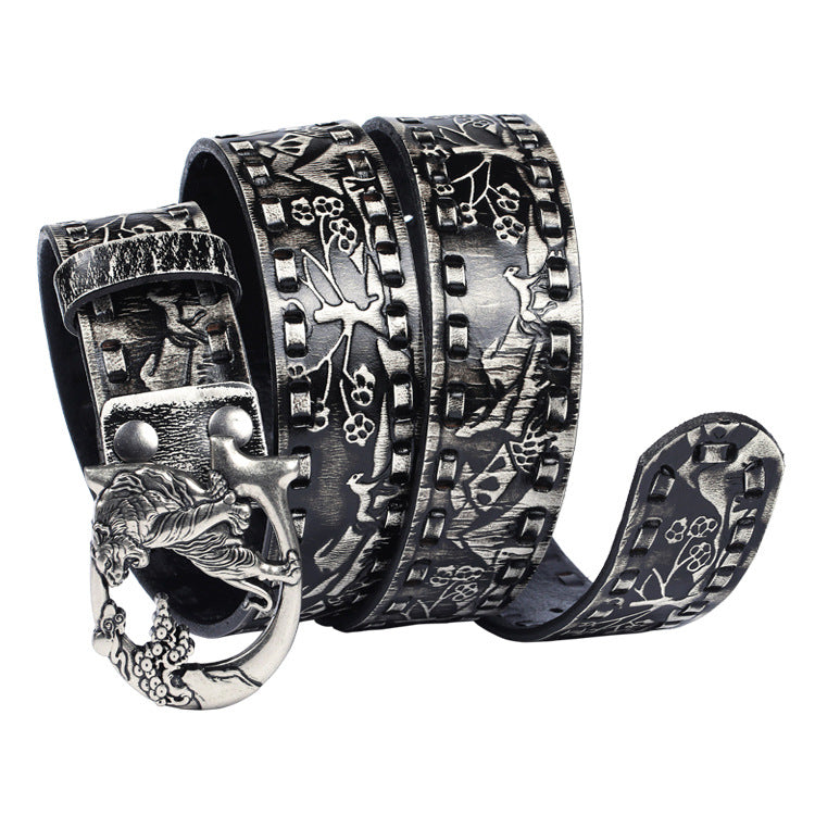 Women punk embossed leather tiger buckle belt