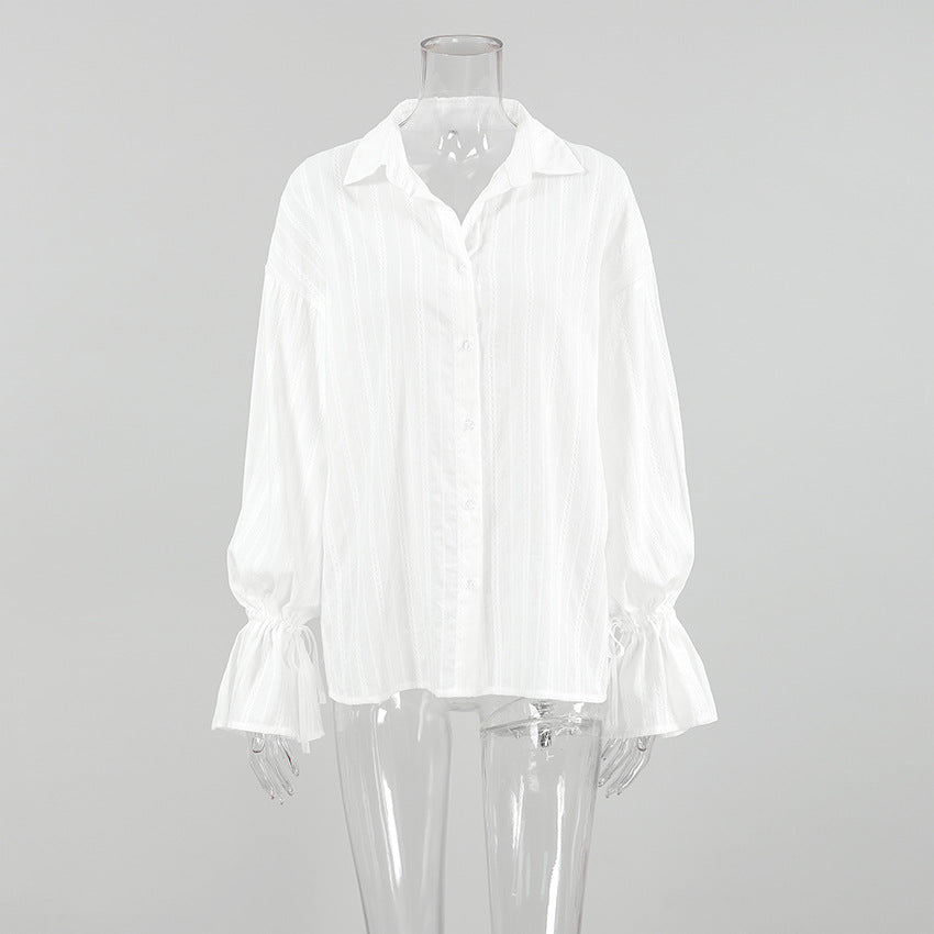 Women’s White Jacquard Cotton Shirt with Bell Sleeves