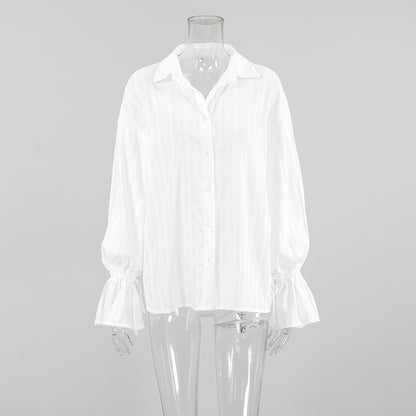Women’s White Jacquard Cotton Shirt with Bell Sleeves