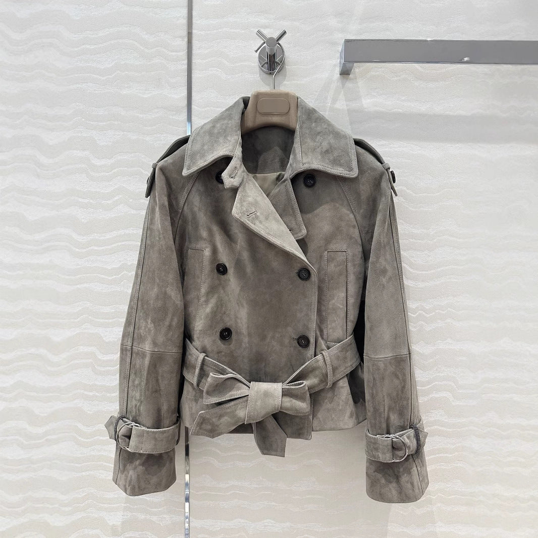 Women Cropped Suede Short Trench Jacket with Belt