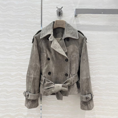 Women Cropped Suede Short Trench Jacket with Belt