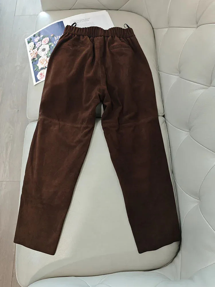 Women Suede Harem Pants High Rise Sheepskin Trousers