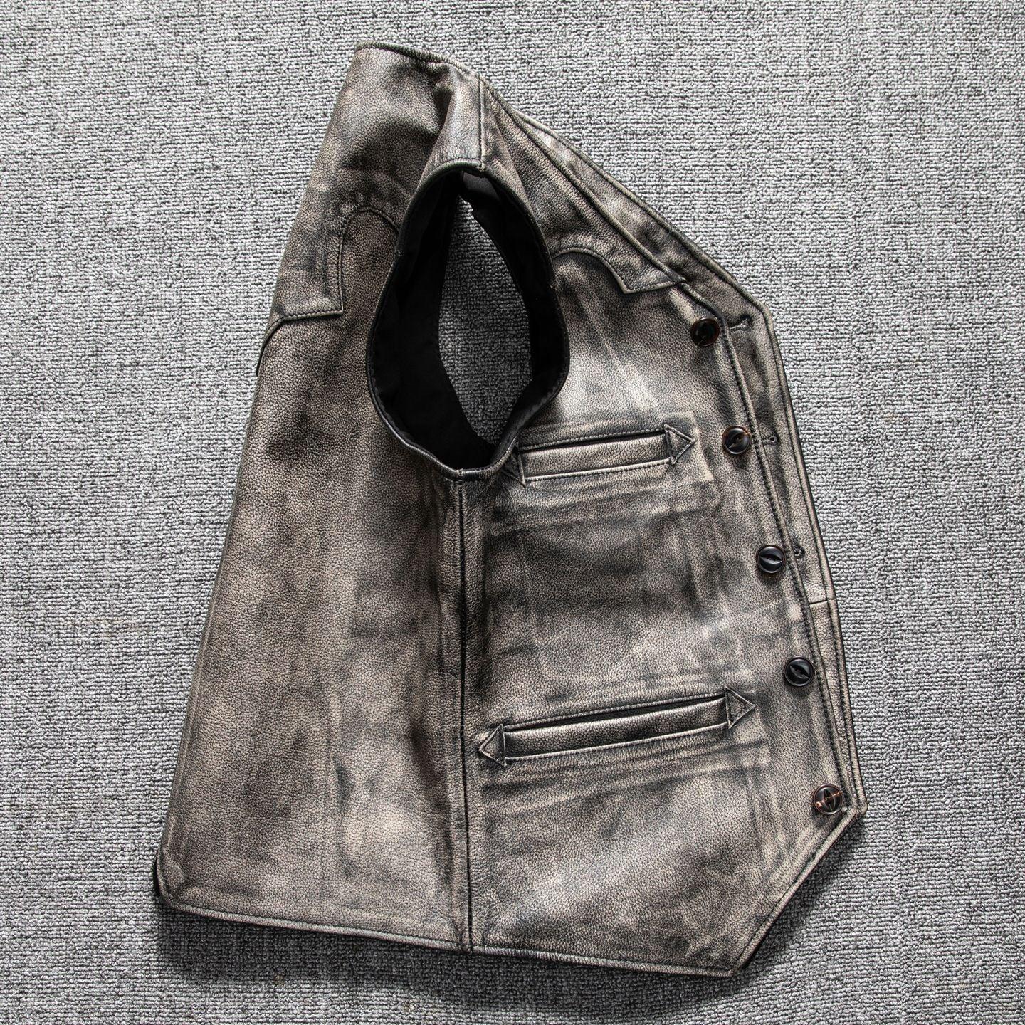 Washed distressed cowhide leather riding vest