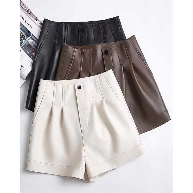 High waisted sheepskin leather shorts for summer women