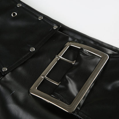 Black Faux Leather Shorts for Women with Buckle Low Waist
