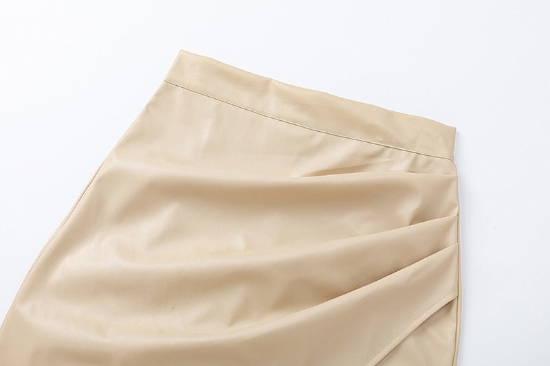 High Waisted PU Leather Wrap Skirt with Slit