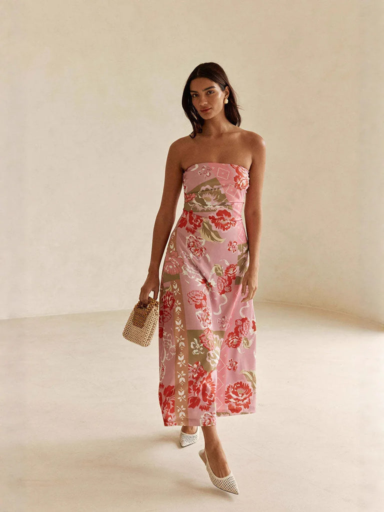 Pink floral strapless linen maxi dress