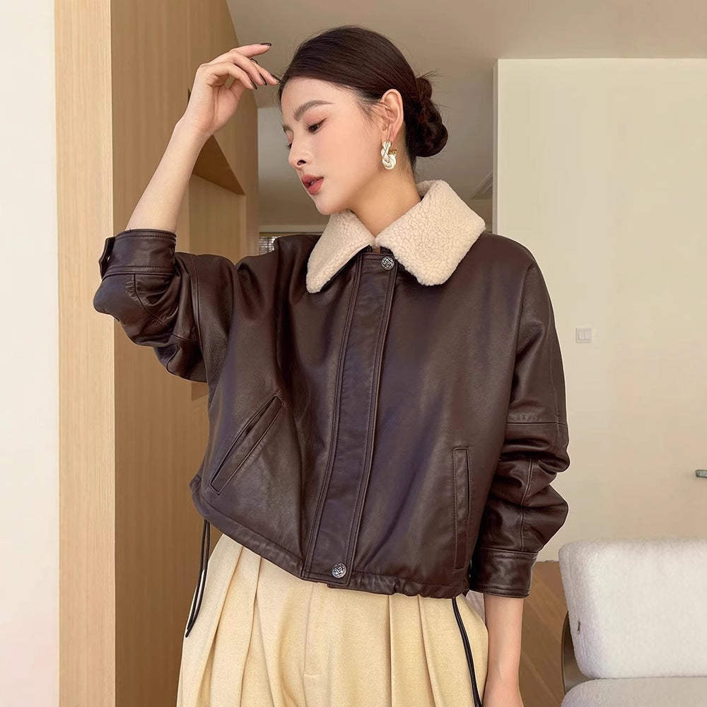 Women shearling collar leather flight jacket Brown S