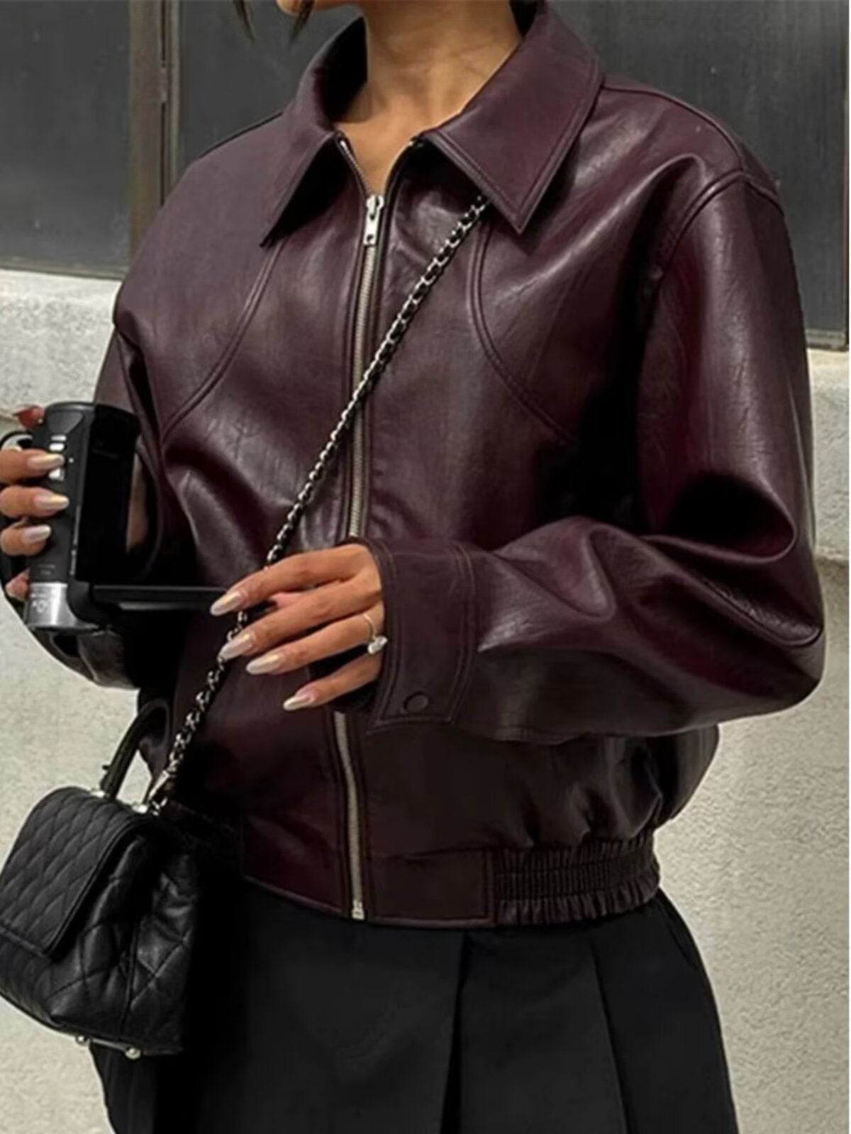 Women Faux Leather Wide Lapel Bomber Jacket