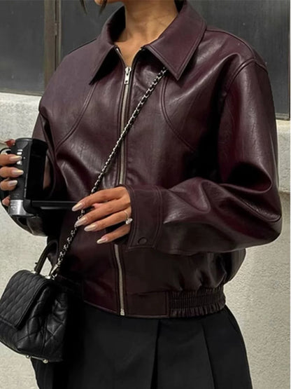 Women Faux Leather Wide Lapel Bomber Jacket