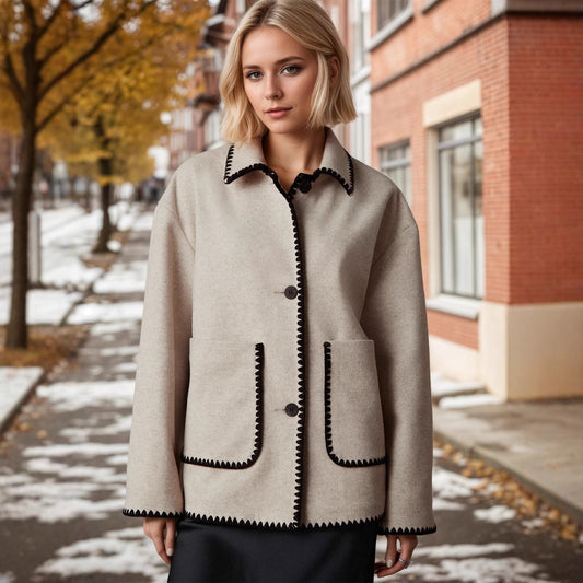 Women’s Wool Blend Contrast Trim Lapel Jacket with Double Pockets