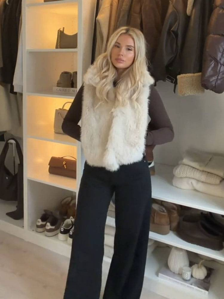Women faux fur stand collar zipper vest 1 XS