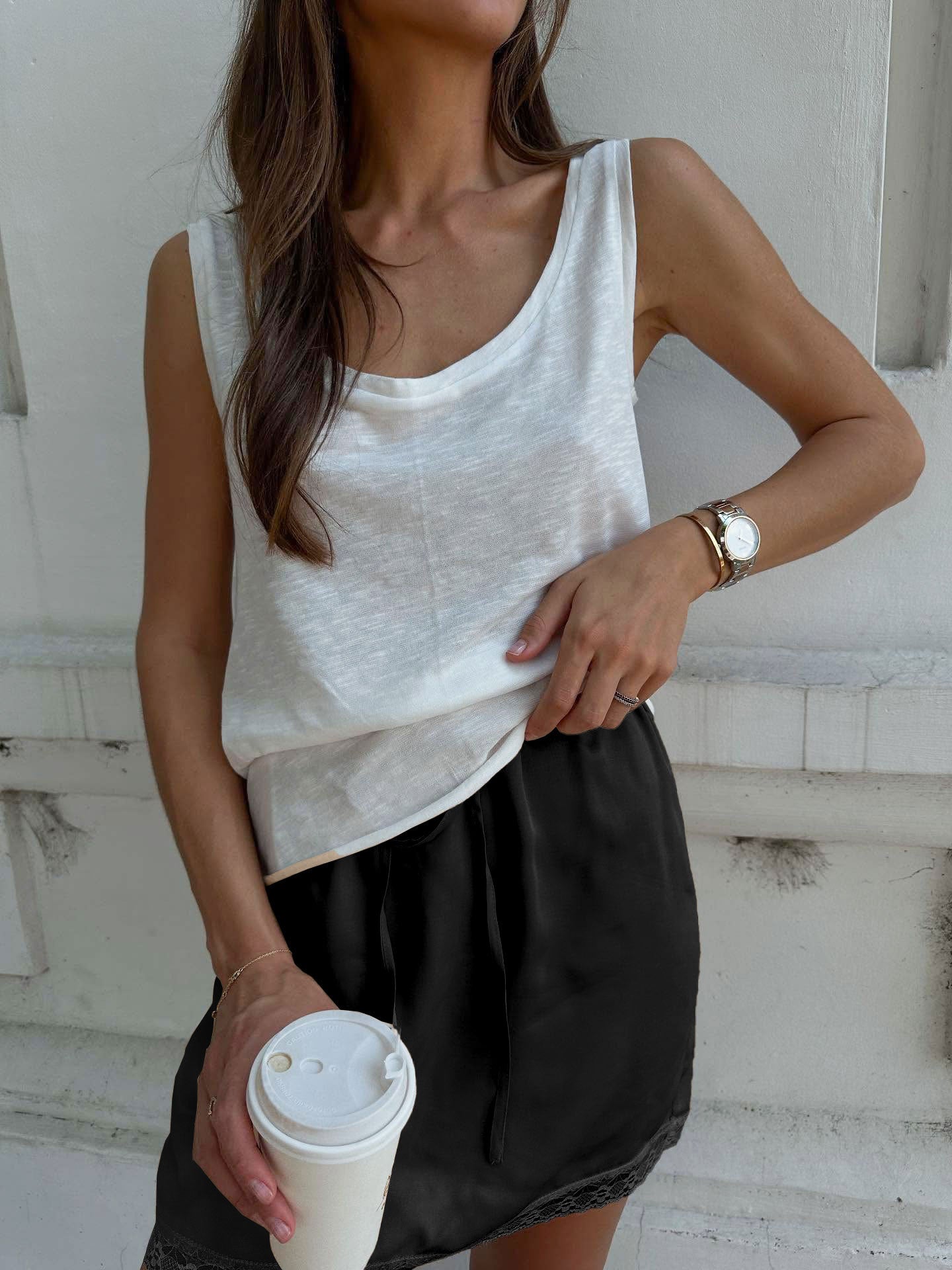 Beige Women Lace Satin Mini Skirt with Drawstring