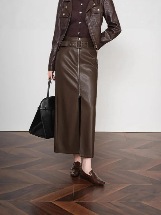 High waist belted zip front leather midi skirt Brown S