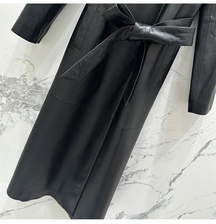 Women sheepskin leather trench coat long belt - Boho Living Room
